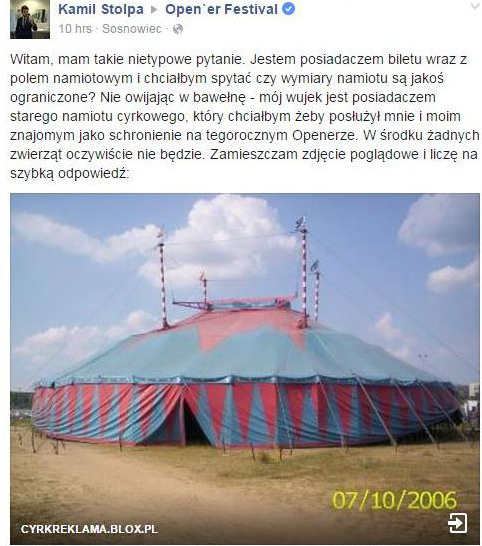 Namiot cyrkowy na polu Open'era?